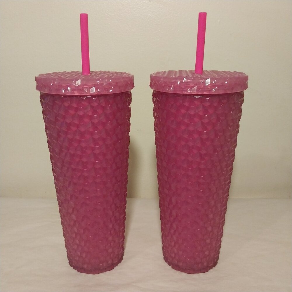 2 Mainstays 26oz Matte/Magenta Gem Textured Acrylic Tumbler w/ Lids & Straws